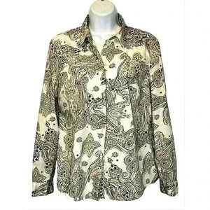 Chicos 1 shirt top button up paisley roll tab sleeve cream brown pink
